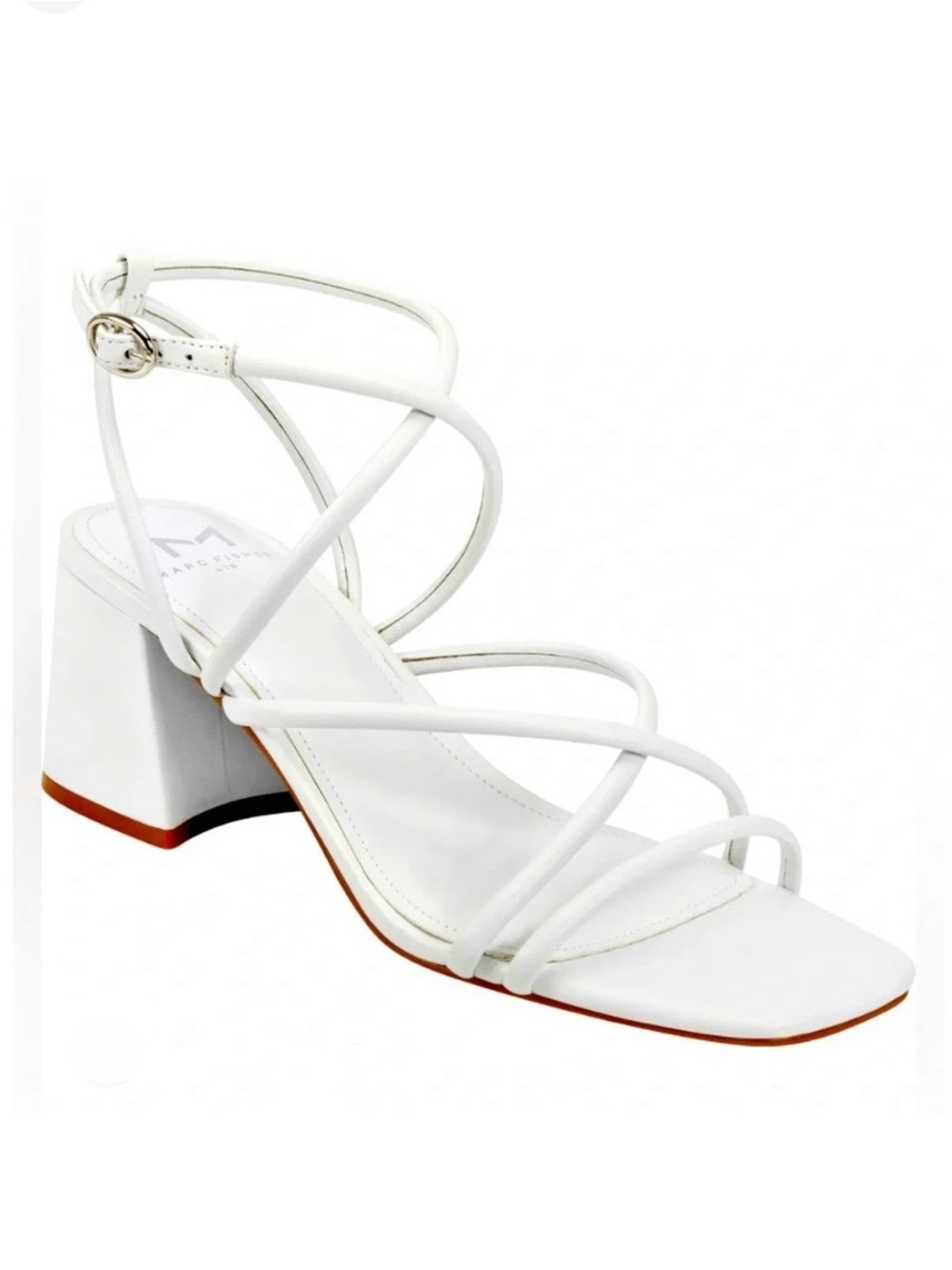 NWT MARC FISHER Strappy Block Heel Ankle Strap Square Toe Sandals, White, Size 8